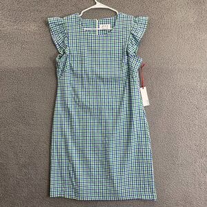 Elle Women M Blue Green Plaid‎ Ruffle Sleeve Shirt Dress